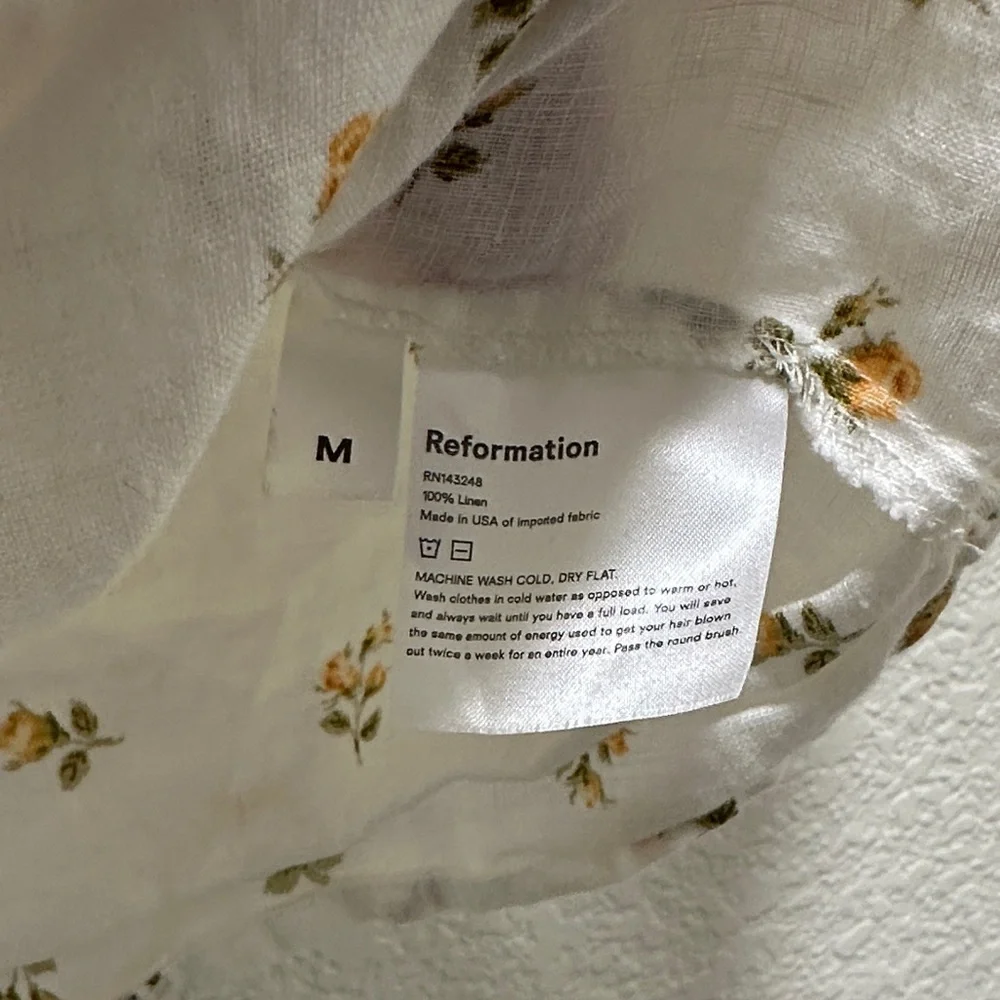 Reformation Off-Shoulder White Wrap Top with Yellow Floral Print